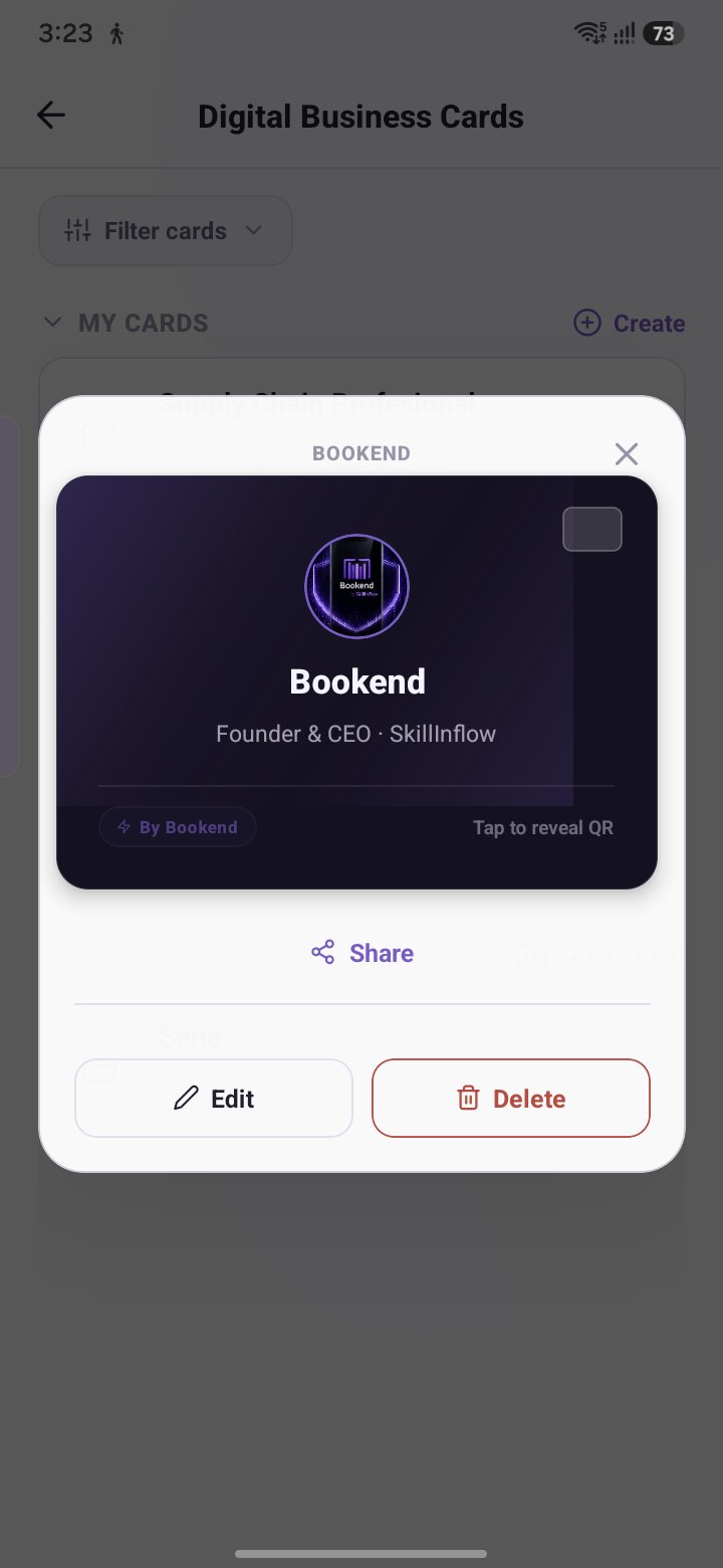 A saved digital business card in Bookend, showing name, title, and company