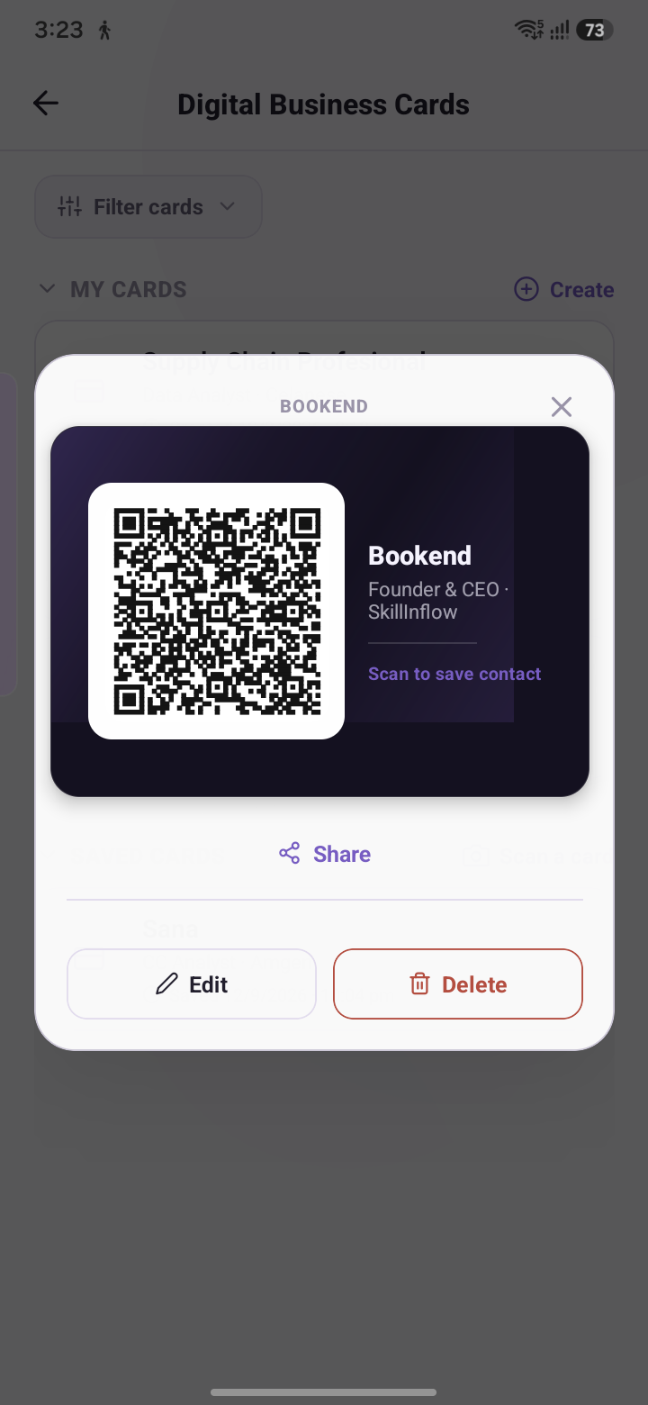 The same digital business card flipped to show its QR code for scanning