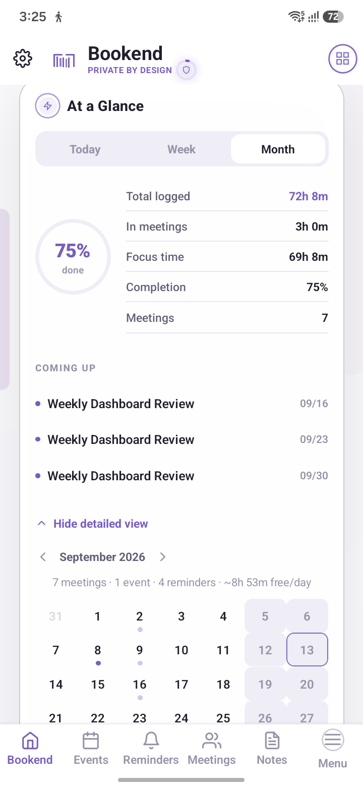 Bookend's At a Glance screen, month view: completion percentage and a full calendar with upcoming items