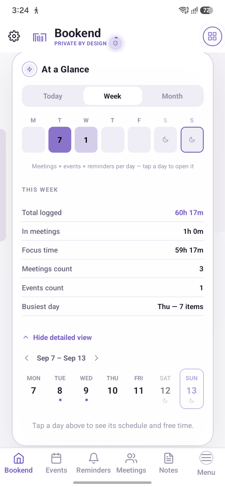 Bookend's At a Glance screen, week view: hours logged, meetings, focus time, and busiest day